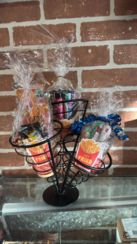 A 'get fried' gift basket on a counter.