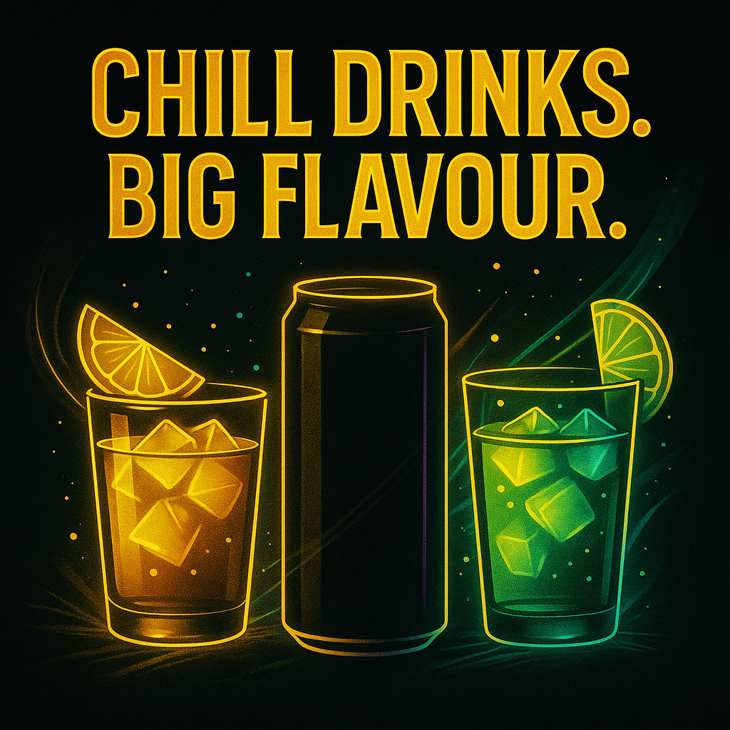 Cannabis drinks ad – neon gold and green glowing glasses with tagline Chill Drinks Big Flavour