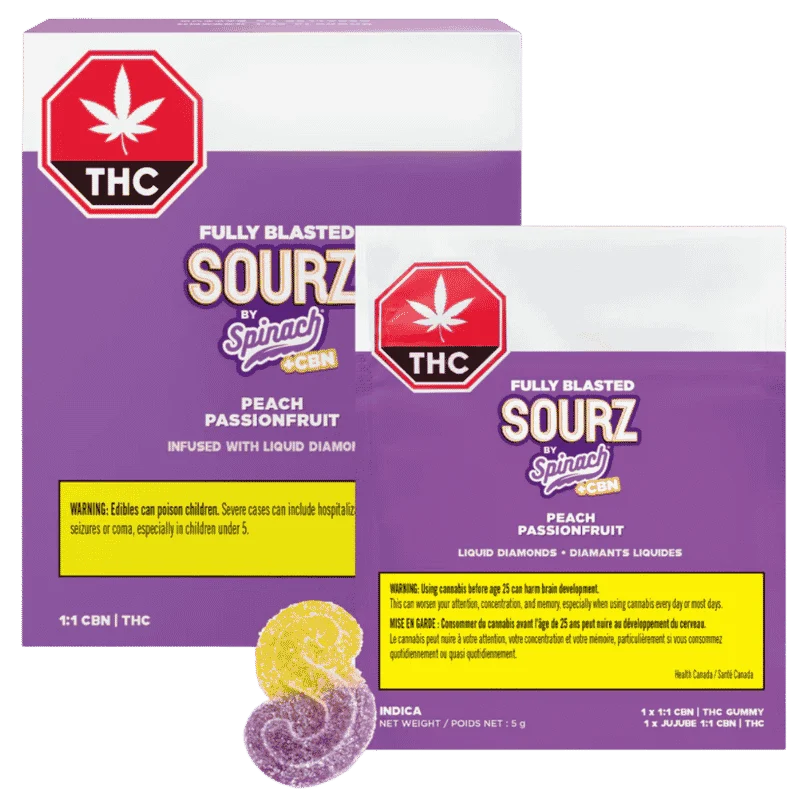 Sourz By Spinach – Fully Blasted Peach Passionfrt Cbn:Thc Chews Multi – 50G